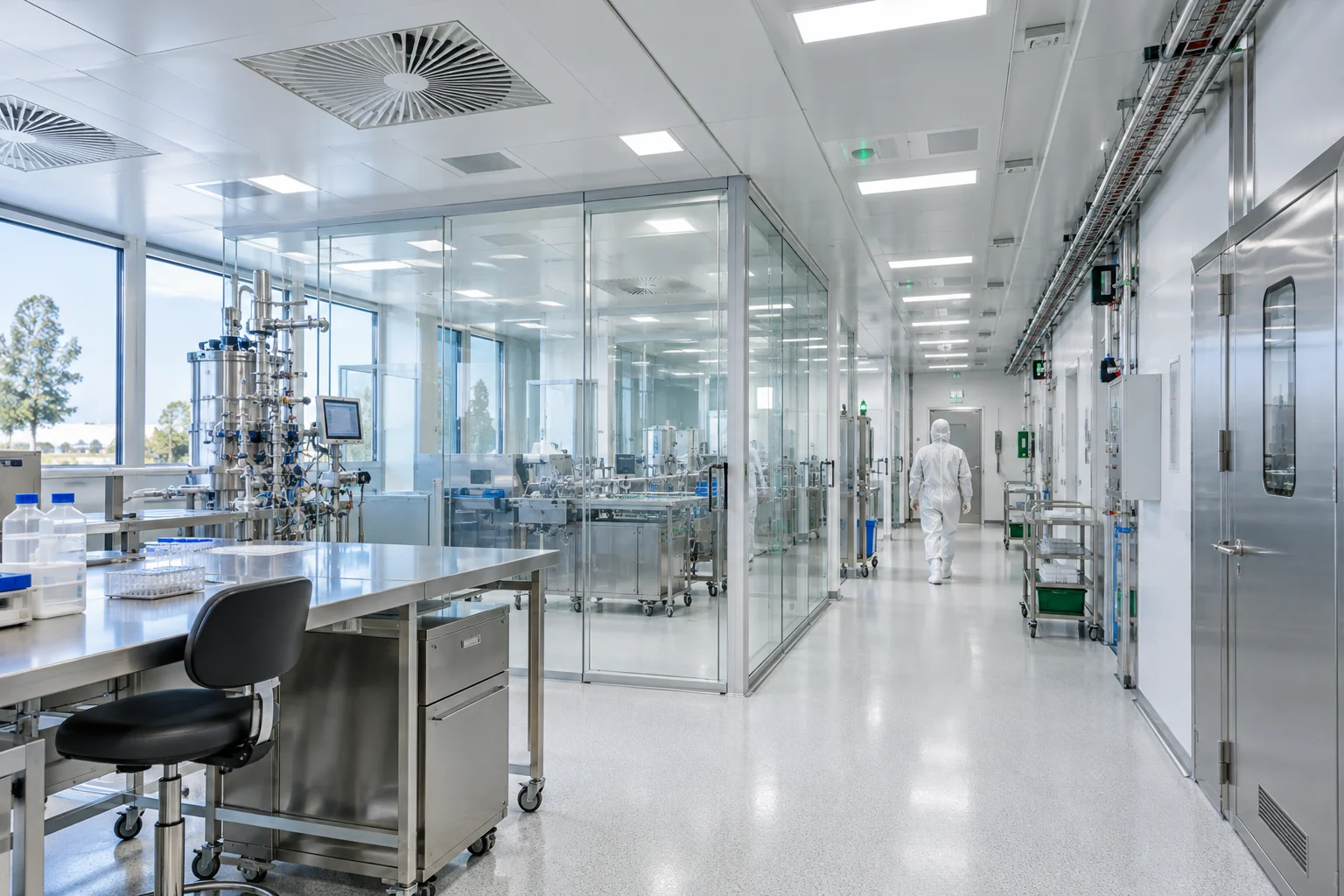 Couloir de salle propre avec cloisons vitrées et éclairage lumineux