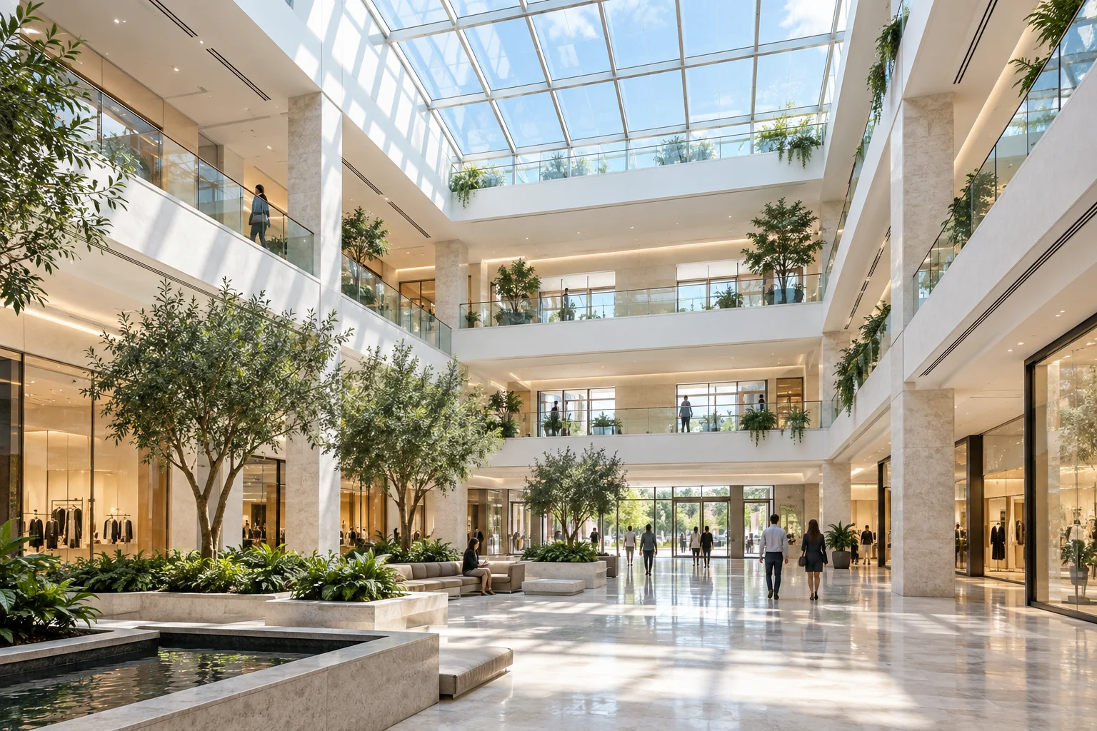 Atrium lumineux de centre commercial sur plusieurs niveaux